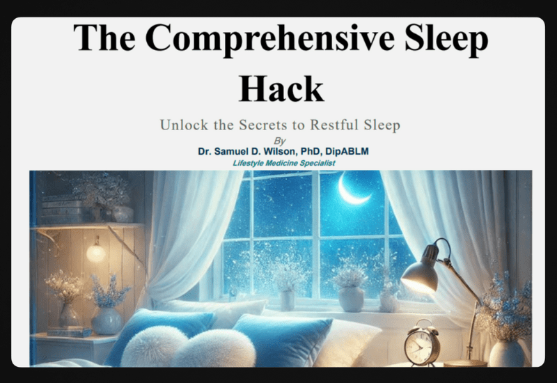 Cover of 'The Comprehensive Sleep Hack' guide with a tranquil bedroom and moonlit window.